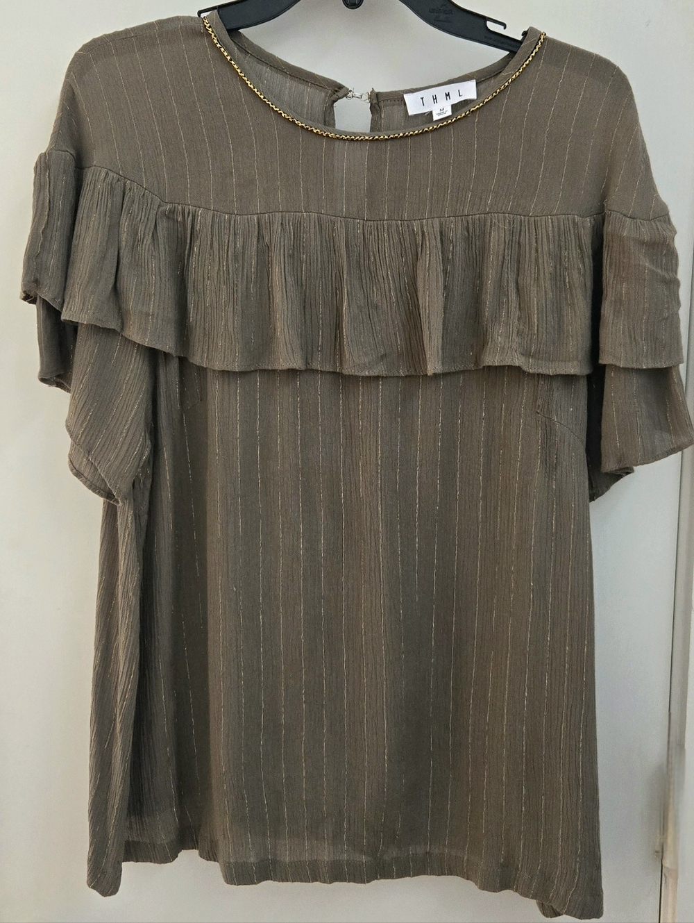 THML Olive Ruffle Top with Gold Pinstripes